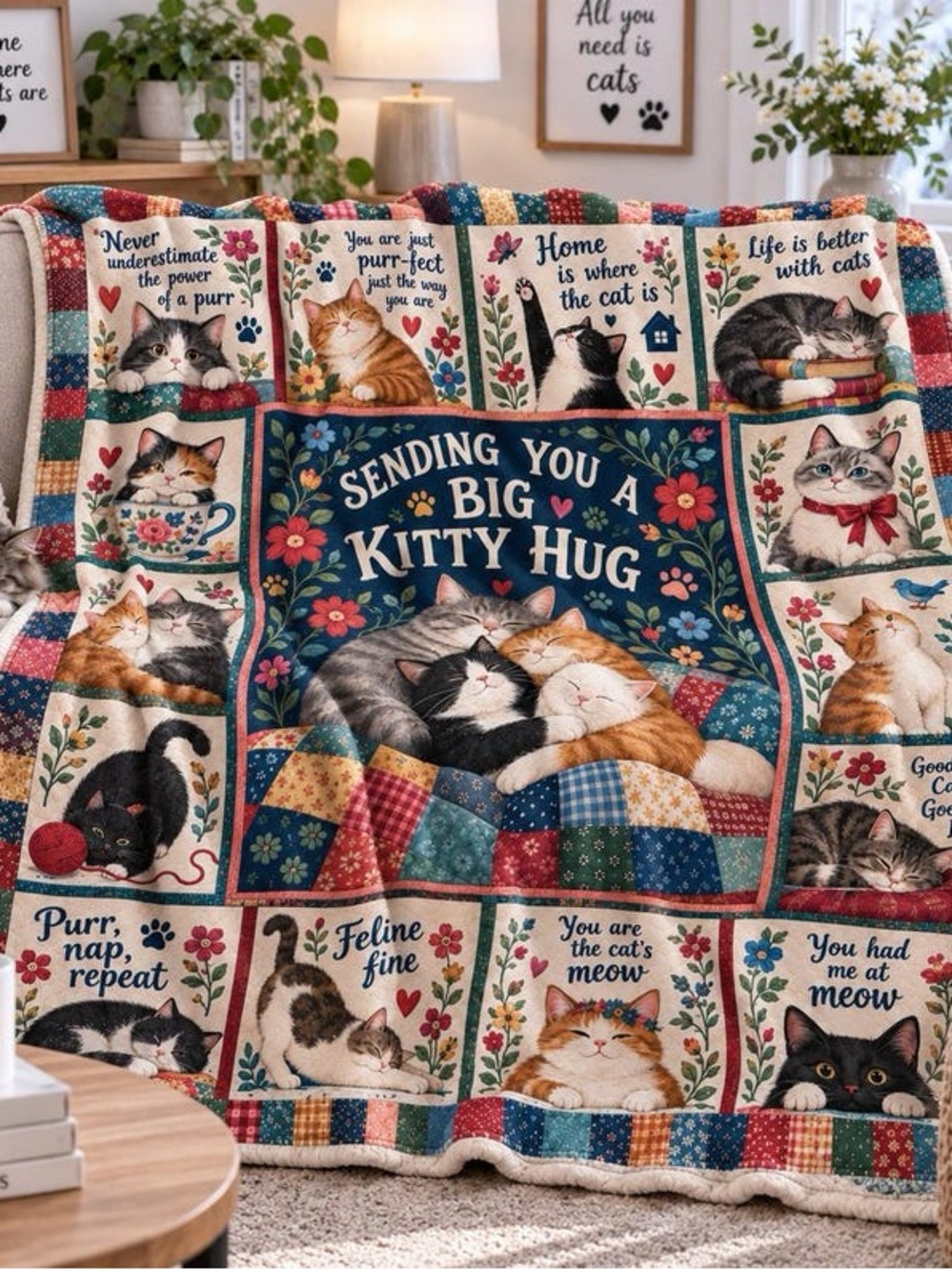 Cozy Cat Quilt Throw Blanket - Sending You a Big Kitty Hug (Multi)